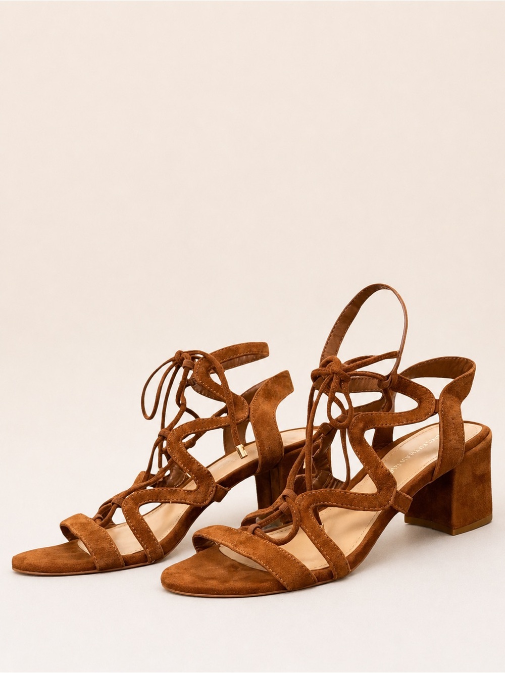 Saks Fifth Avenue Cognac Camel Brown Suede Lace Up Block Heel Sandals - 6.5 - Picture 2 of 16